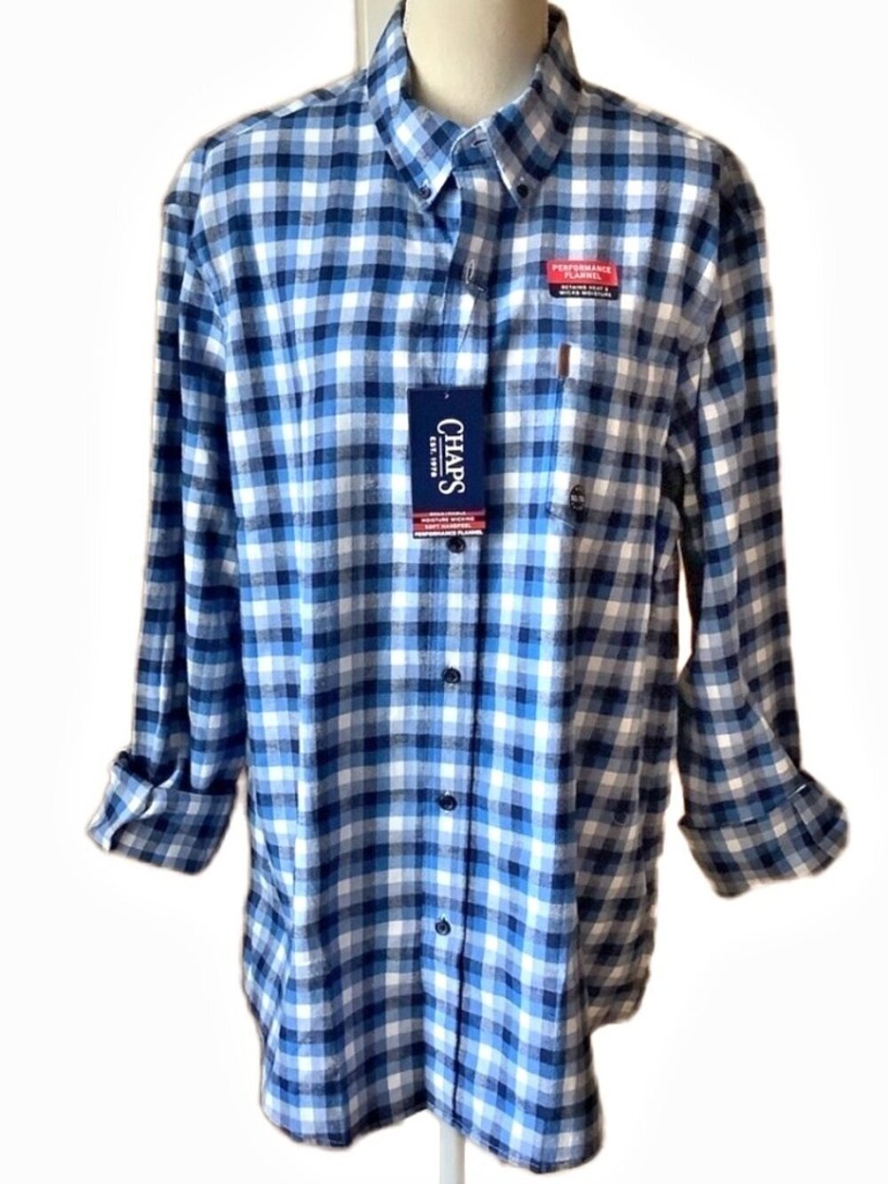 CHAPS NWT Blue White Plaid Flannel Button Down Shirt Men's Size XL
